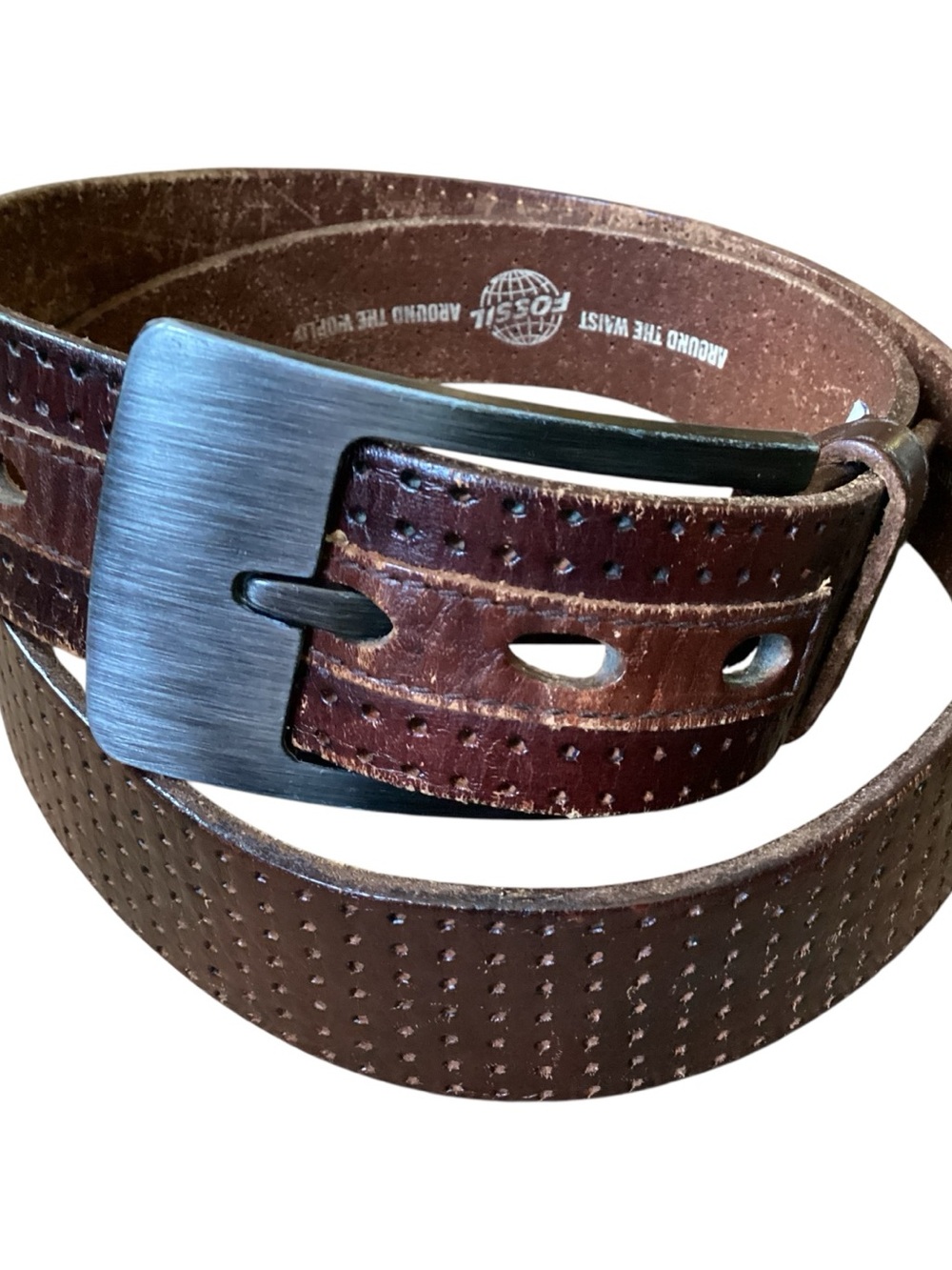 Fossil Vintage Cowhide Brown Leather Belt with Brushed Metal Buckle size 95/38